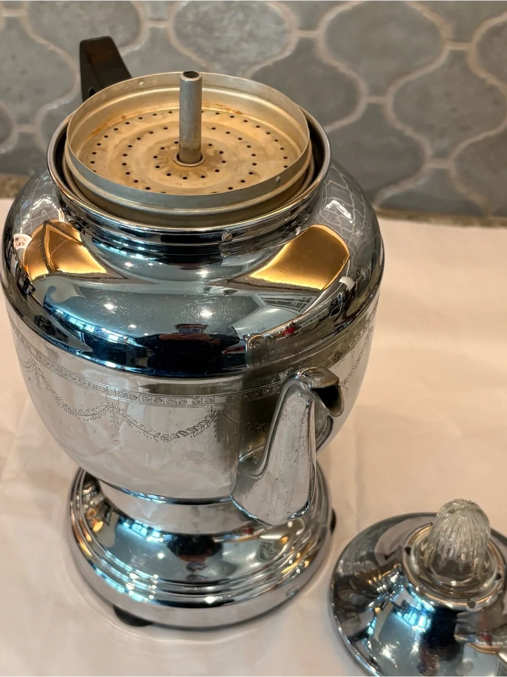 Vintage Farberware Electric Coffee Percolator Chrome Floral Etched Design